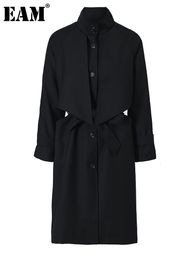 Women's Trench Coats EAM Women Black Back Button Big Size Long Lapel Sleeve Loose Fit Windbreaker Fashion Spring Autumn 2023 17A599 230421