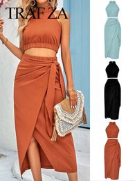 Two Piece Dress TRAFZA Women's Solid Casual 2 Piece Suit Sleeveless Halterneck Slim Crop Tops Draped Ruched Skirts Spring Female Clothing 230422