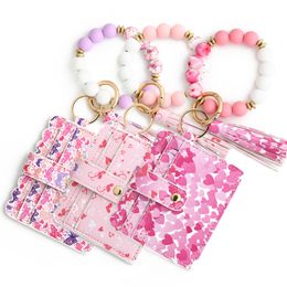 PU Leather Wallet Silicone Bead Keychains Card Bag Wrist Beaded Keychain Valentine's Day Gift Key Ring