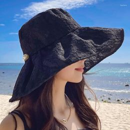 Berets Women Fisherman's Hat Big Brim Korean UV Sunscreen Foldable Pearl Lace Flower Summer Sunshade Seaside Elegant Sun