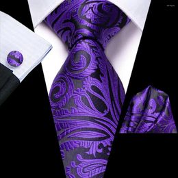 Bow Ties Paisley Purple Black Silk Wedding Tie For Men Handky Cufflink Gift Mens Necktie Fashion Business Party Dropshiping Hi-Tie Design