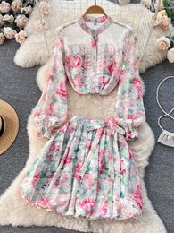 Work Dresses Summer Gorgeous Flower Emboridery Two Piece Suit For Women Lace Trims Print Beading Shirt Top Bow Tie Pleated Mini Skirt Set