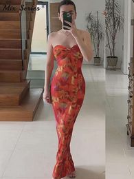 Pleated Printed Off Shoulder Strapless Dress Women Sexy Elastic Straight Bodycon Skirt Female Fashion Backless Slim Maxi Dresses