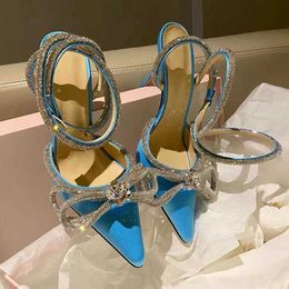 Dress Shoes 2023 Women's High Heels Fashion Bow Rhinestone Pointed Toe Satin Sandals Women's Strappy Stiletto High Heels zapatos de mujer