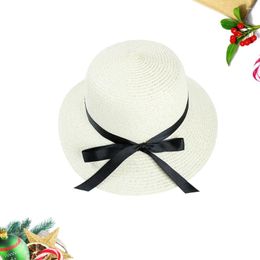 Berets Straw Bow Sun Hat Woman Simple Durable Bowknot Block Cap For Beach Travel Outdoor (White)