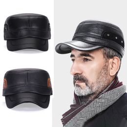 Ball Caps Military Top Leather Men's Baseball Winter Hat Brown Flat Earmuffs Warm Cold Outdoors Thick Fleece Women's BQM202 230421