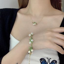 Necklace Earrings Set Sweet White Colour Lily Of The Valley Pendant For Women Girls Cute Faux Pearl Fllower Necklaces Statement French