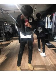 Designer Clothing Fashion Denim Amiiri FOG High Street Black Panel Leather Washed Old Knife Cut Hole MX1 Jeans Tight Fit Small Feet SLP Pants Motocycle Rock