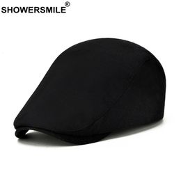 Berets SHOWERSMILE Solid Black Spring Summer Flat Cap for Men Cotton British Style Casual Beret Retro Adjustable Men's Ivy Hats 230421