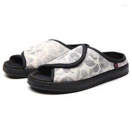 Slippers Summer Slipper For Women Flower Print Cotton Linen Flat Shoes Adjustable Magic Tape Widen Swollen Foot Health Breathable