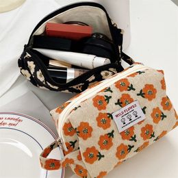 Cosmetic Bags Cases Women Corduroy Plaid Flowers Lipsticks Korean Student Pencil Case Travel Makeup Brushes Neceser Organiser 230421