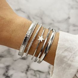 Silver Color Metal Bangle for Women Men 6 Pieces Set Bracelets Stars Opening Bracelet Bohemia Fashion Jewelry Accessories