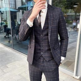 Men's Suits Men Plaid Wedding Dress Male Jackets Pants Vest Sets Groom Formal Wear Slim Suit Business Casual Fit 4XL