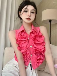 Women's Blouses 2023 Women Sweet Pink Ruffles Blouse Blusa Mujer Fashion Summer Lapel Sleeveless Slim Short Shirt Lady Clothes