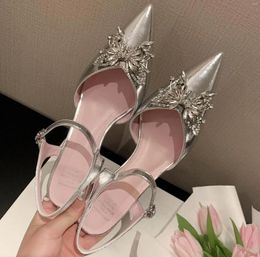 Sandals Gorgeous Luxurious Pointed Rhinestone Bow High Heel 7cm Slim Heightened One Line Buckle Wrapped Women's