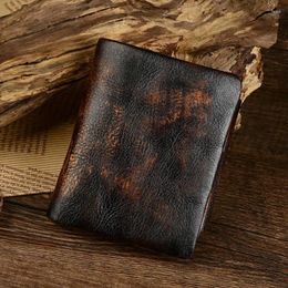 Wallets Vintage Genuine Leather Wallet For Men Retro Short Tifold Man Purse Multiple Card Holder With Coin Pocket Money Bag Buckle