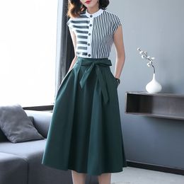 Two Piece Dress Summer Women Office Two Piece Set Casual Striped Shirts Blouses and Bow Midi Skirt Female Business Formal Skirt Suit Sets 230422