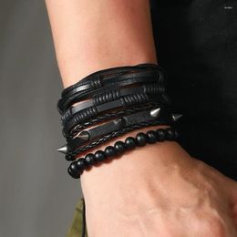 Charm Bracelets Punk 4Pcs/ Set Spike Rock Leather Bracelet For Men Vintage Braided Wrap Wristband Rope Mens Beads Jewellery