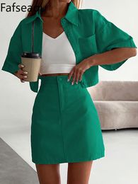 Two Piece Dress Two-piece Women's Summer Suit with Skirt Green Buttons Short Shirts Top Cotton Mini Skirts Two Piece Set for Women Outfits 230422