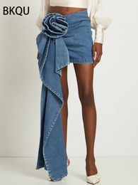 Skirts BKQU Summer Denim Mini Skirts Y2K Aesthetic 3D Flowers Design High Waist Micro Skirts Skinny Wrap Jeans Penceil Skirt Women 231121