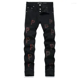 Men's Jeans Black Letters Embroidered Small Foot Elastic Slim Fitting Denim Pants Hip Hop Pencil Trousers Male