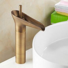 Bathroom Sink Faucets Vintage Waterfall Style Antique Brass Single Lever Handle One Hole Vessel Basin Faucet Mixer Water Taps Aan025