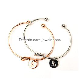 Bangle Knot Heart Bracelet Bangle Rose Gold Sier Color Zodiac Signs 12 Constellation Men Alloy Round Pendant Charm Chain Jewelry For D Dhiyd