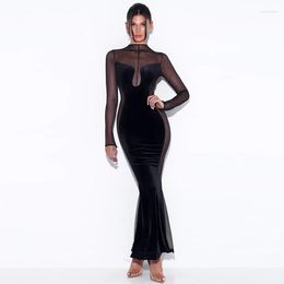 Casual Dresses Zabrina Bodycon Black Evening Robe Sexy See Through Mesh Velvet Ins Maxi Elegant Dress Party Long Sleeve 2023 Autumn