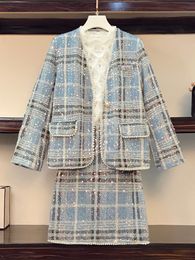 Two Piece Dress Autumn Winter Sequined Shinny Woolen 2 Piece Set Women Blue Plaid Pearls Beading Pocket Jacket Coat Tweed Mini Skirt Suit 230422