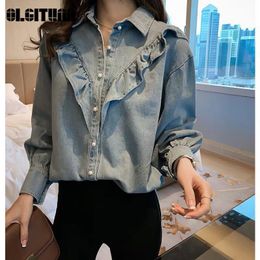 Women's Blouses Shirts Women Sweet Denim Ruched Loose Slim Tiered Ruffles Jean Long Sleeves Tops Basic Female Blouse 230421