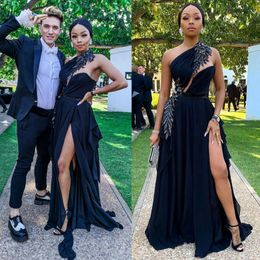 One Shoulder Chiffon Prom Dresses Black Evening Dress Side Split Sexy Party Club Gowns Graducation Formal Engagement Gown