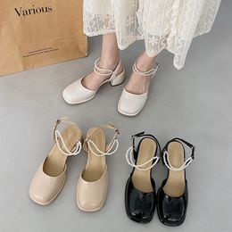 Sandals French Highheeled Shoes Thickheeled Female Pearl Fairy Style Lady Mary Jane Closed Toe 230421