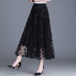 Skirts Mesh Half-length Floral Pleated A-word Big Women Long High Waist Slim Gauze Skirt 230422