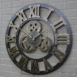 Retro Industrial Gear Wall Clock Decorative Hanging Clock Roman Numeral Wall Decor Quartz Clocks Home Decor2098