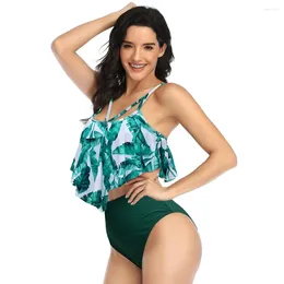 Women's Swimwear Swimsuit 2023 Dark Green Cover Belly Suspenders Top Two Pcs Apart High Waist Swing Dress