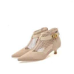 Sandals Spring And Summer Pointed Low Heel Women Shoes Hollow Out Design Mesh Boots Zipper Metal Decoration Ladies Frosted Pumps