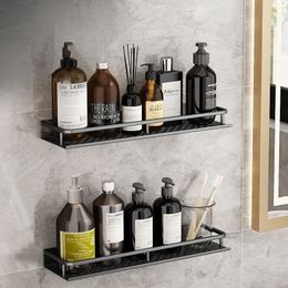 Bathroom Shelves Black Space Aluminium 30-50CM Toilet Rack Wall-mounted Bathroom Shelves Punch-free Changing Basket Set For Kitchen Accessories 230422