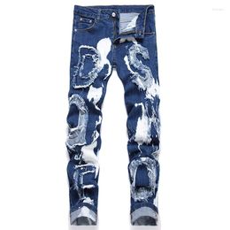 Men's Jeans Fashion Trend Slim Stretch Blue Letter Patch Collage White Splashing Paint Pants Spring Autumn Male Denim Trousers