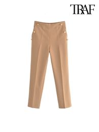 Women's Pants Capris TRAF Women Fashion With Metallic Button Straight Pants Vintage High Waist Back Elastic Waistband Female Ankle Trousers Mujer 230422