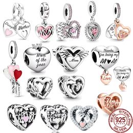 925 Sterling Silver Love You Mom Double Heart Split Dangle Charm Beads Fit Original Bracelet DIY Women Jewellery Gift