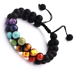 Beaded Colorf 8Mm Natural Lava Stone Turquoise 7 Chakra Mtilayer Bracelet Double Layers Adjustable Braclets For Women Men Drop Deliv Dhmxd