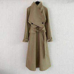 Women's Trench Coats Women Vintage Khaki Long Coat Fashion Belt Waist Slim Casual Lapel Windbreaker High Quality Pure Cotton A-line Overcoat