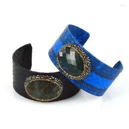 Bangle Luxury Design Black Royal Blue Leather With Natural Cutted Oval Stone Pave Rhinestone Charm Adjustable Open Bangles For Women