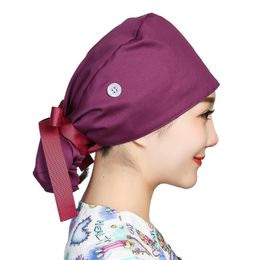 Beanies Womens Working Scrub Cap With Buttons Holder Sweatband Adjustable Ribbon Tie Solid Colour Bouffant Turban Hat Long Beanie/Skull Caps