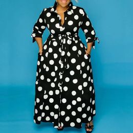 Casual Dresses Black And White Polka Dot Dress Plus Size 4xl 5xl Floor Length Long Sleeve Single Breasted Autumn Fashion Party Dinner