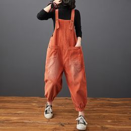 Women's Jumpsuits Rompers Fashion Streetwear Dungarees For Women Autumn Winter Corduroy Jumpsuits Loose Plus Size Rompers Pocket Wide Leg Overalls 230422