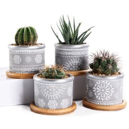 4In Set 2 95Inch Cement Succulent Planter Pots Cactus Plant Pot Indoor Small Concrete Herb Window Box Container With Bamboo Y200722390