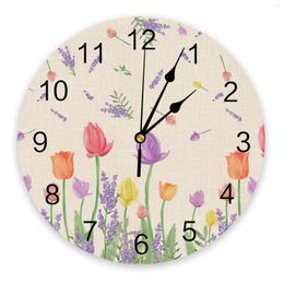 Wall Clocks Plant Tulip Lavender Flower Clock Modern Design Farmhouse Decor Round Living Room 3d