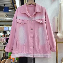 Women's Jackets Vintage Tie-dyed Washed Pink Denim Coat Women Frayed Burrs Spring Loose Casual Lapel Long Sleeve Female Jeans Jacket