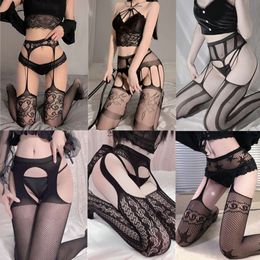 Vintage Black Jacquard Pantyhose Women Sexy Open Crotch Tights One Piece Garter Belt with Thigh High Stockings Fishnet Medias